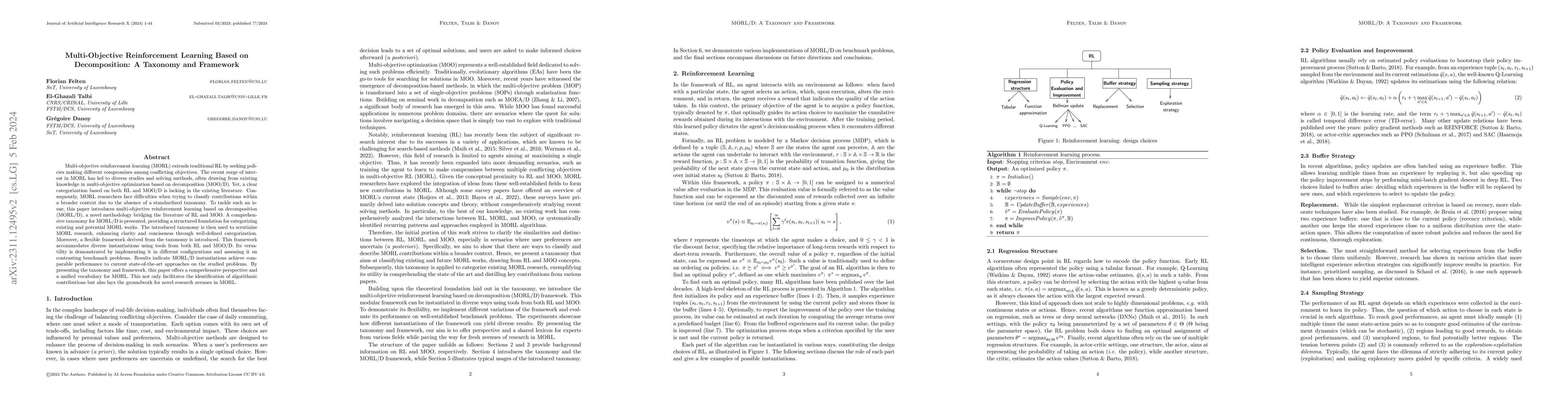 Thumbnail for Multi-Objective Reinforcement Learning Based on Decomposition: A
  Taxonomy and Framework