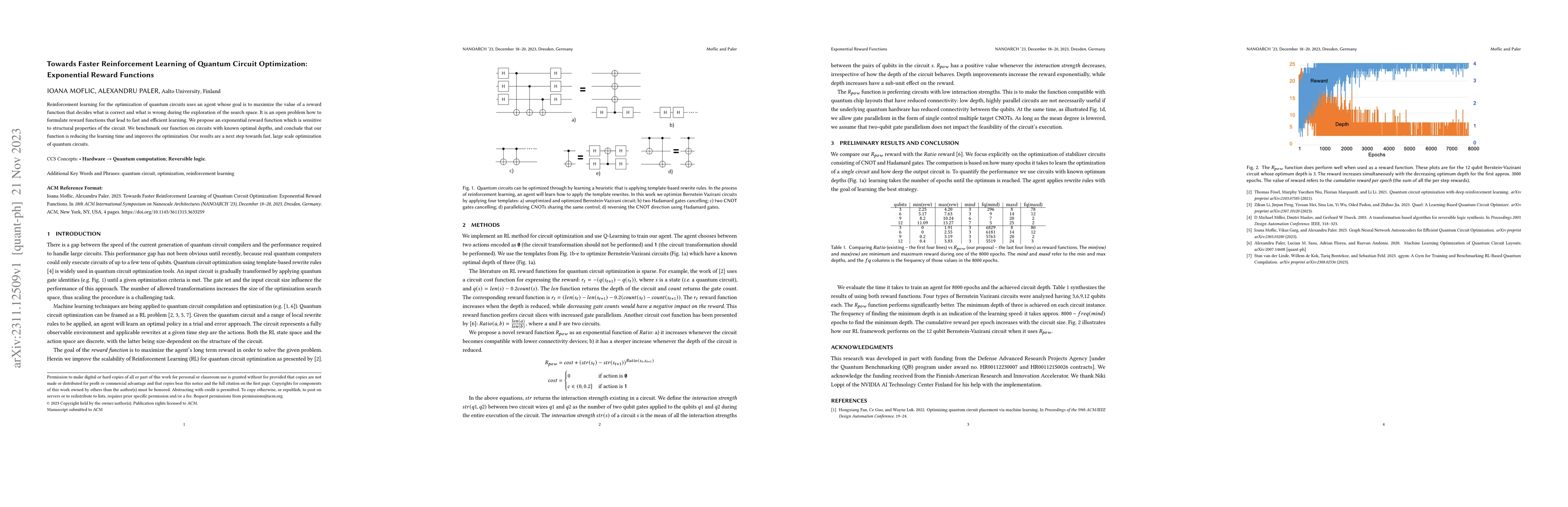 Thumbnail for Towards Faster Reinforcement Learning of Quantum Circuit Optimization:
  Exponential Reward Functions