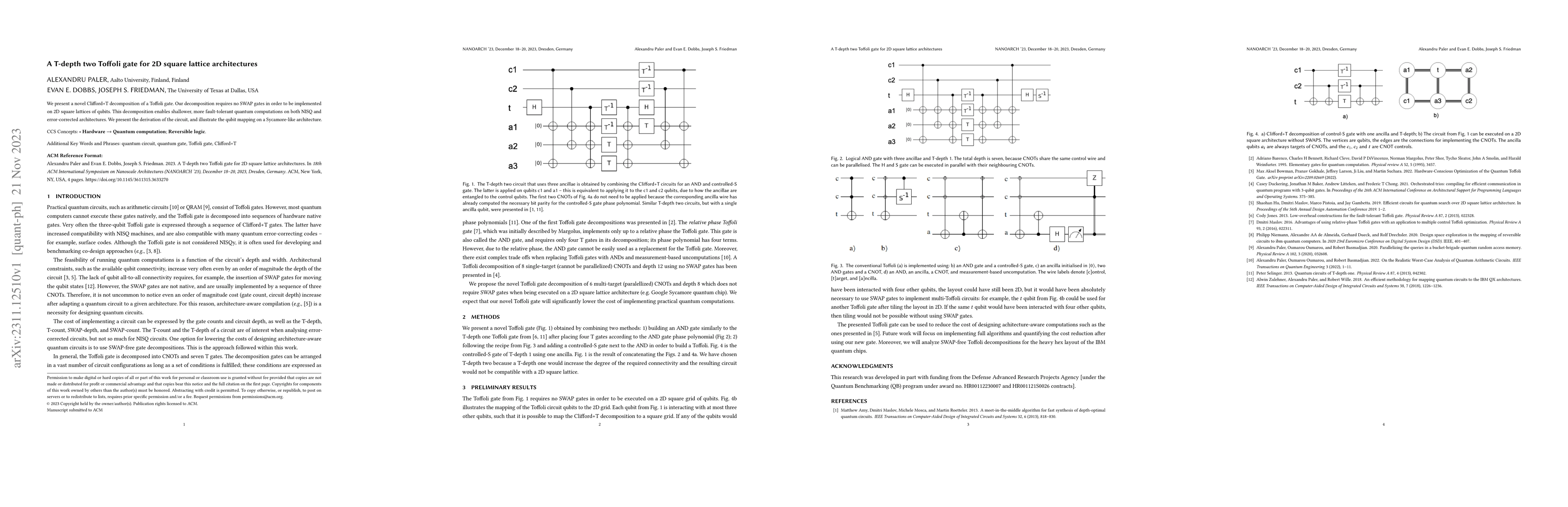 Thumbnail for A T-depth two Toffoli gate for 2D square lattice architectures