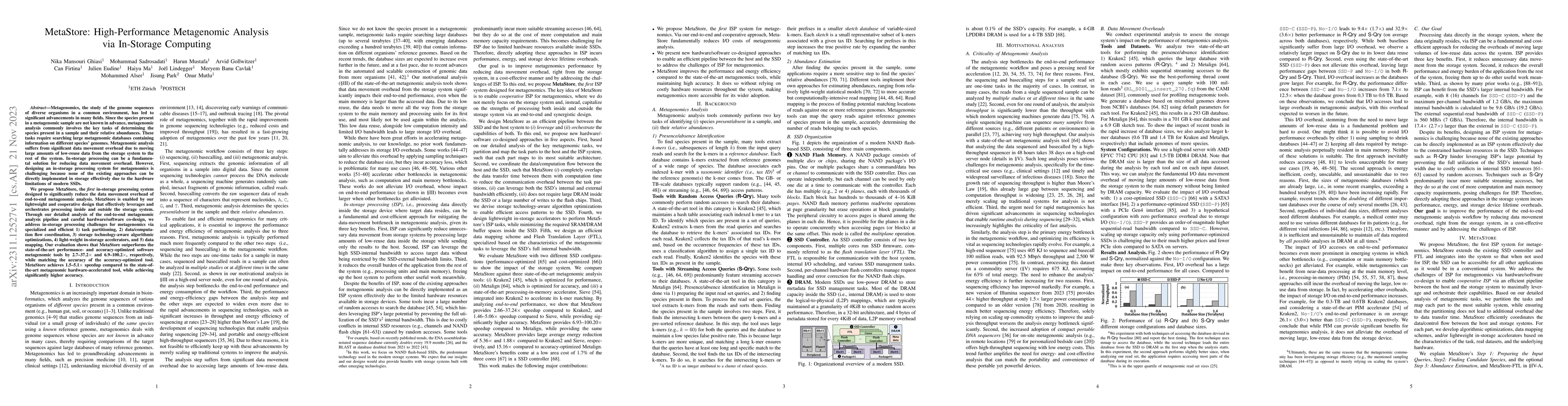Thumbnail for MetaStore: High-Performance Metagenomic Analysis via In-Storage
  Computing