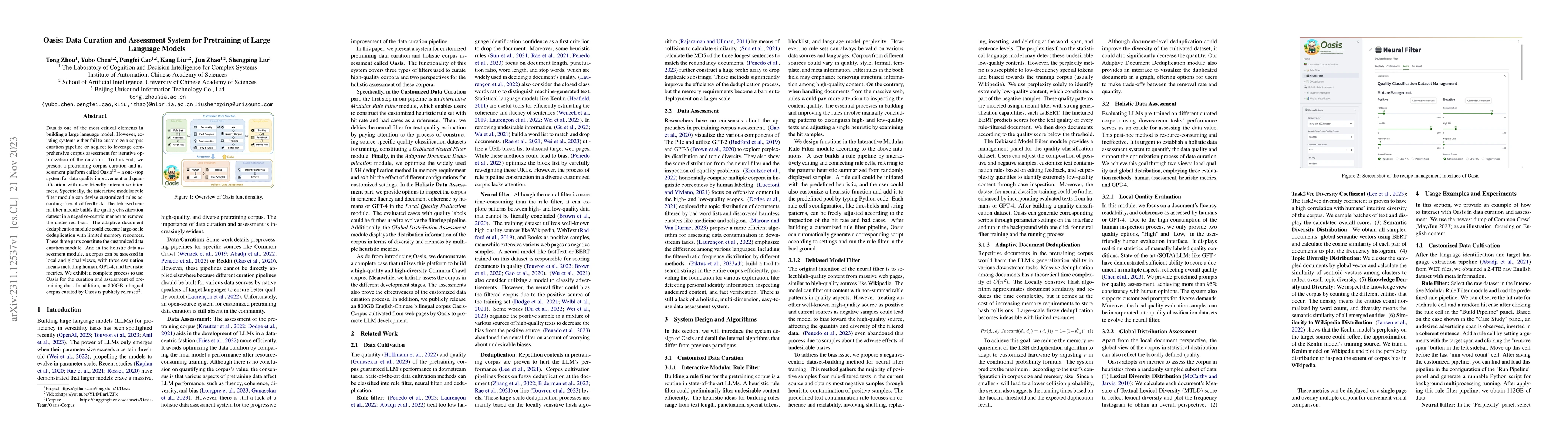 Thumbnail for Oasis: Data Curation and Assessment System for Pretraining of Large
  Language Models