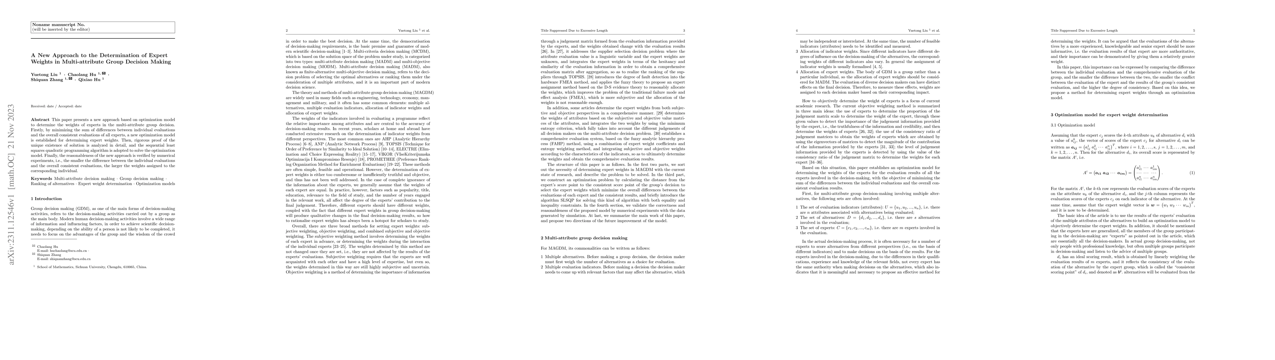 Thumbnail for A New Approach to the Determination of Expert Weights in Multi-attribute
  Group Decision Making
