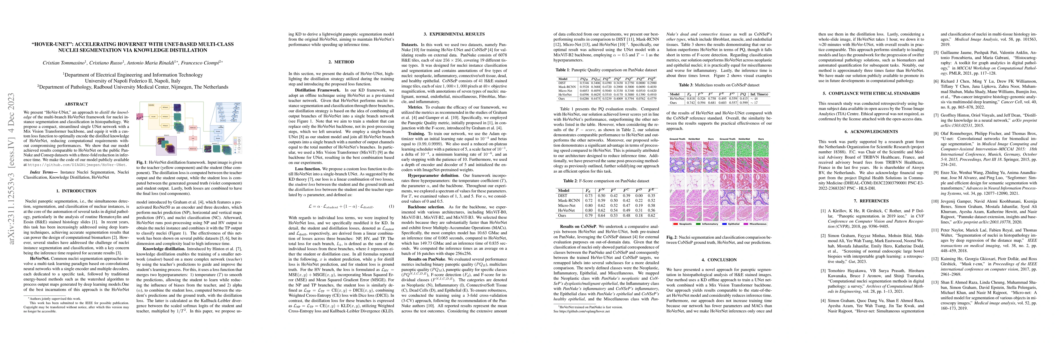 Thumbnail for HoVer-UNet: Accelerating HoVerNet with UNet-based multi-class nuclei
  segmentation via knowledge distillation