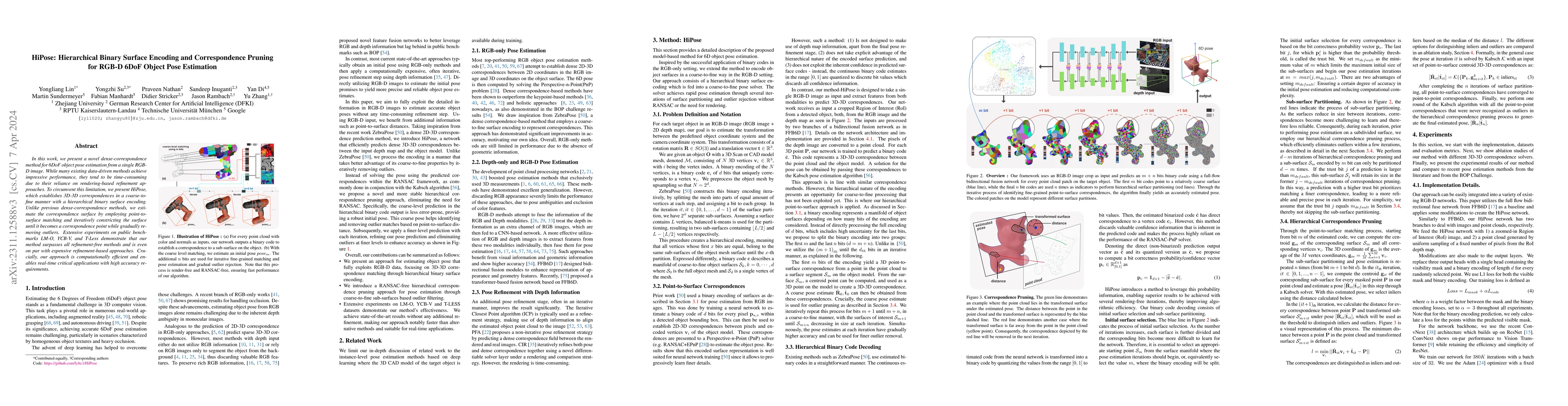 Thumbnail for HiPose: Hierarchical Binary Surface Encoding and Correspondence Pruning
  for RGB-D 6DoF Object Pose Estimation