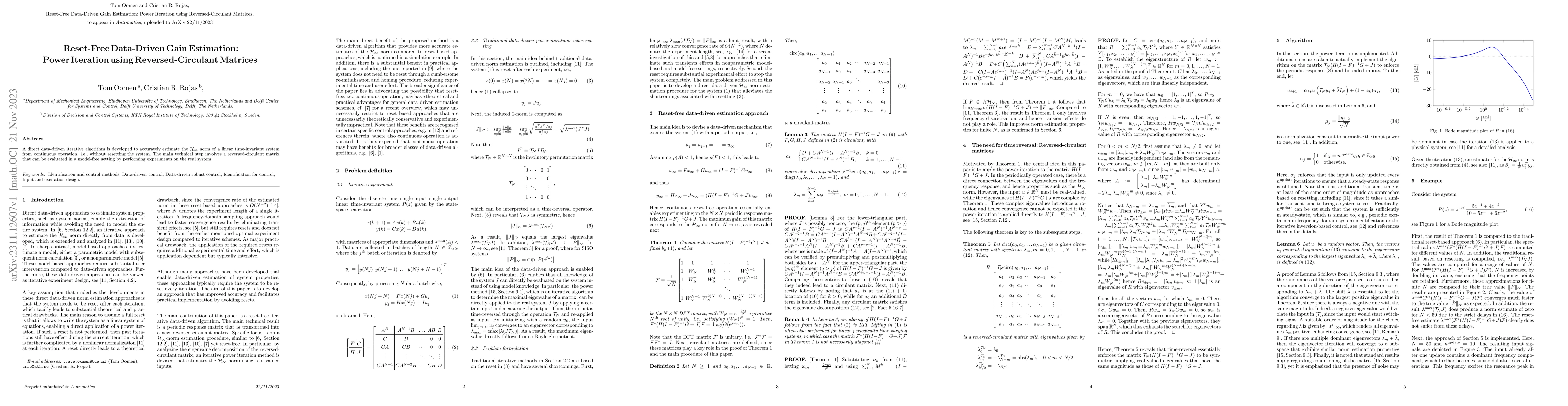 Thumbnail for Reset-Free Data-Driven Gain Estimation: Power Iteration using
  Reversed-Circulant Matrices