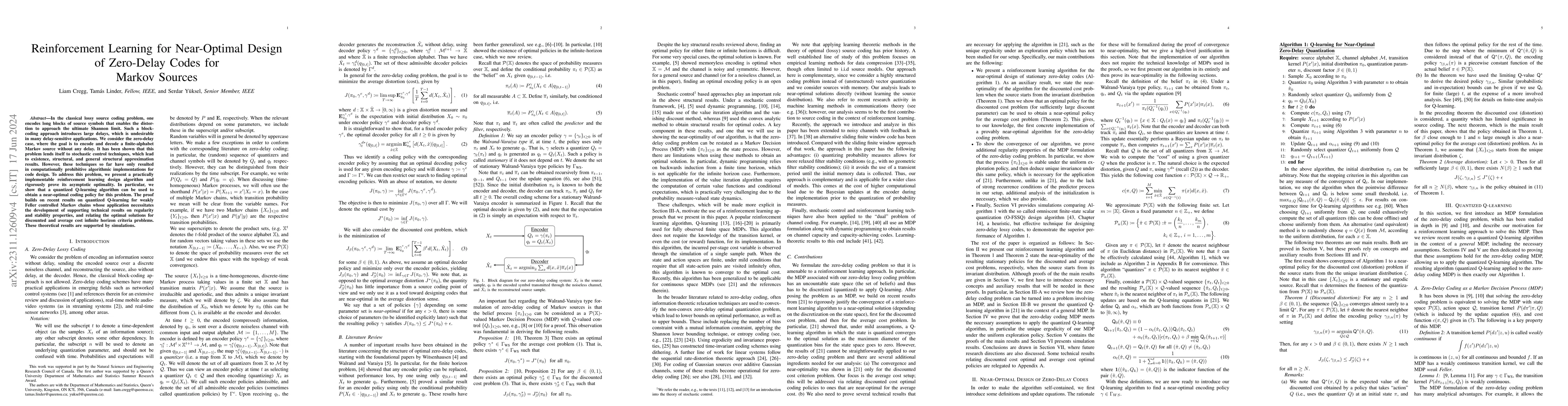 Thumbnail for Reinforcement Learning for Near-Optimal Design of Zero-Delay Codes for
  Markov Sources