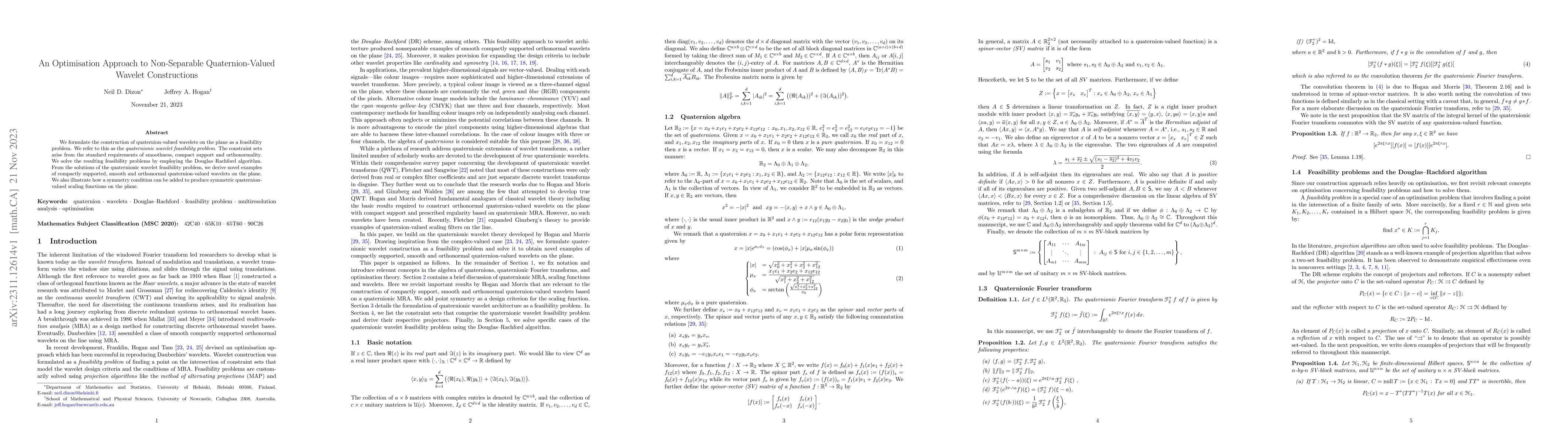 Thumbnail for An Optimisation Approach to Non-Separable Quaternion-Valued Wavelet
  Constructions