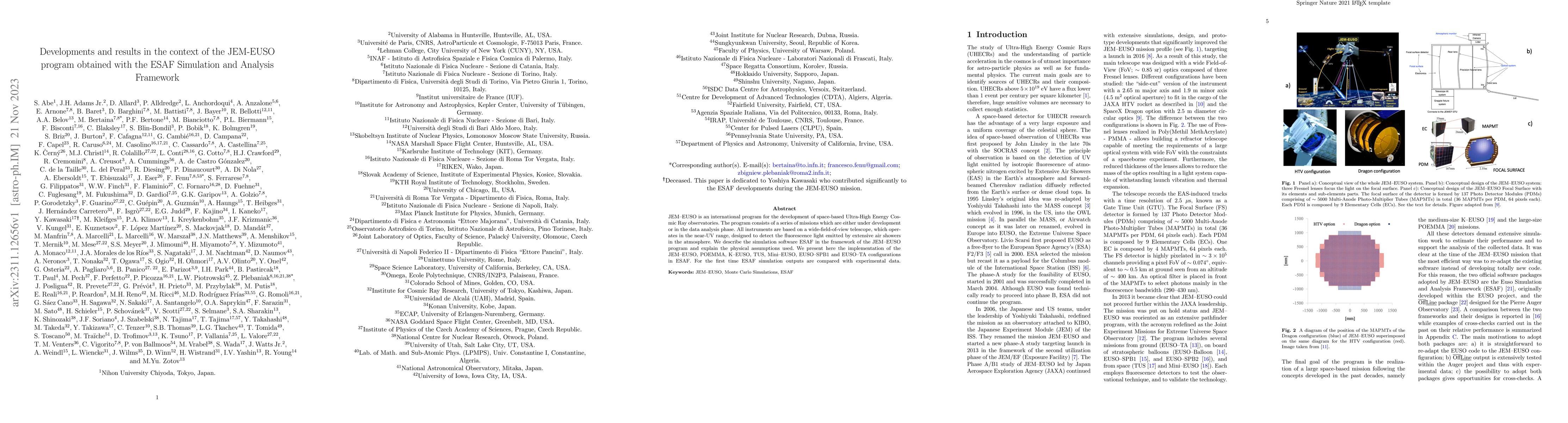 Thumbnail for Developments and results in the context of the JEM-EUSO program obtained
  with the ESAF Simulation and Analysis Framework