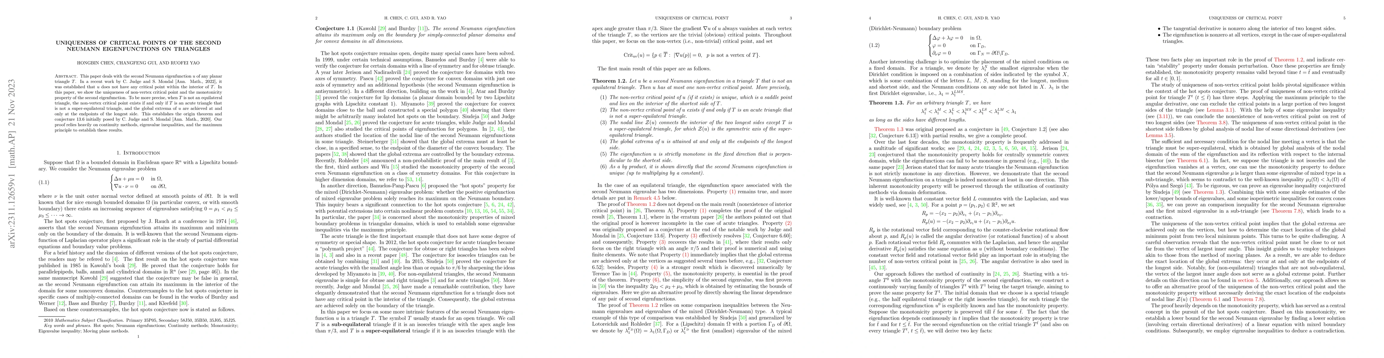 Thumbnail for Uniqueness of critical points of the second Neumann eigenfunctions on
  triangles