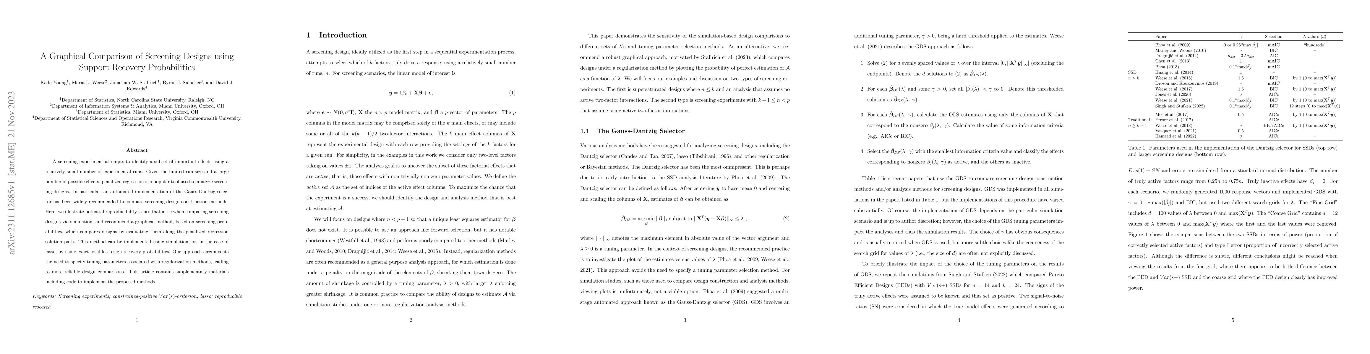 Thumbnail for A Graphical Comparison of Screening Designs using Support Recovery
  Probabilities