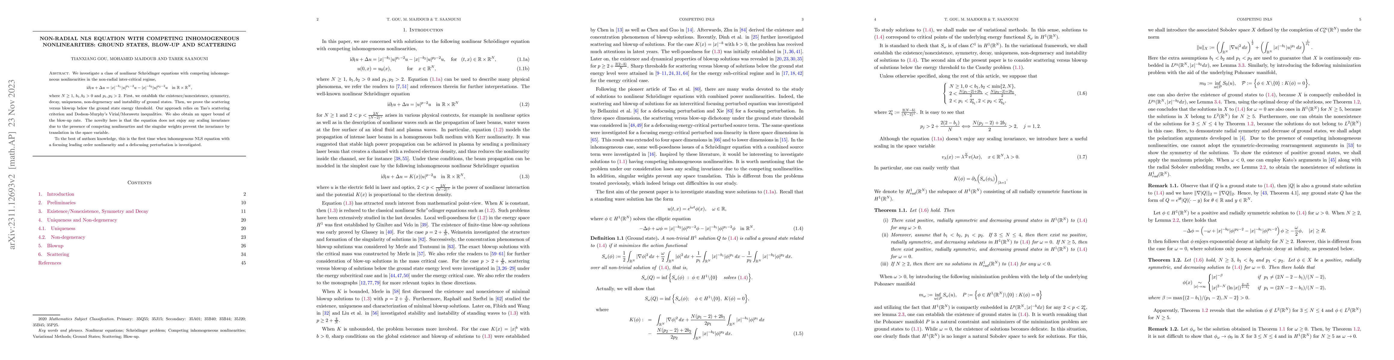Thumbnail for Non-radial NLS equation with competing inhomogeneous nonlinearities:
  Ground states, Blow-up and Scattering