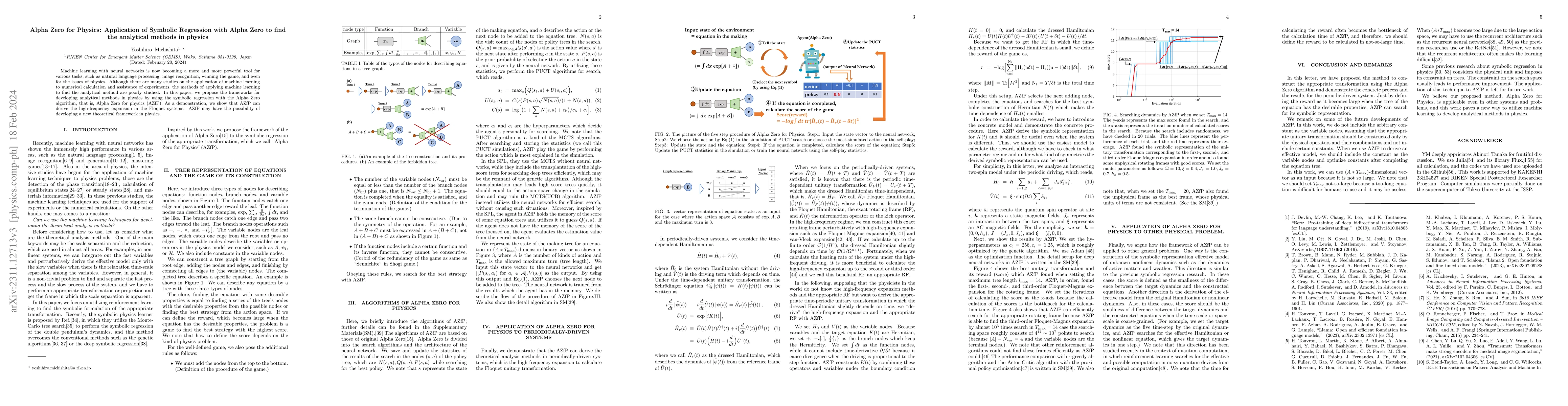 Thumbnail for Alpha Zero for Physics: Application of Symbolic Regression with Alpha
  Zero to find the analytical methods in physics
