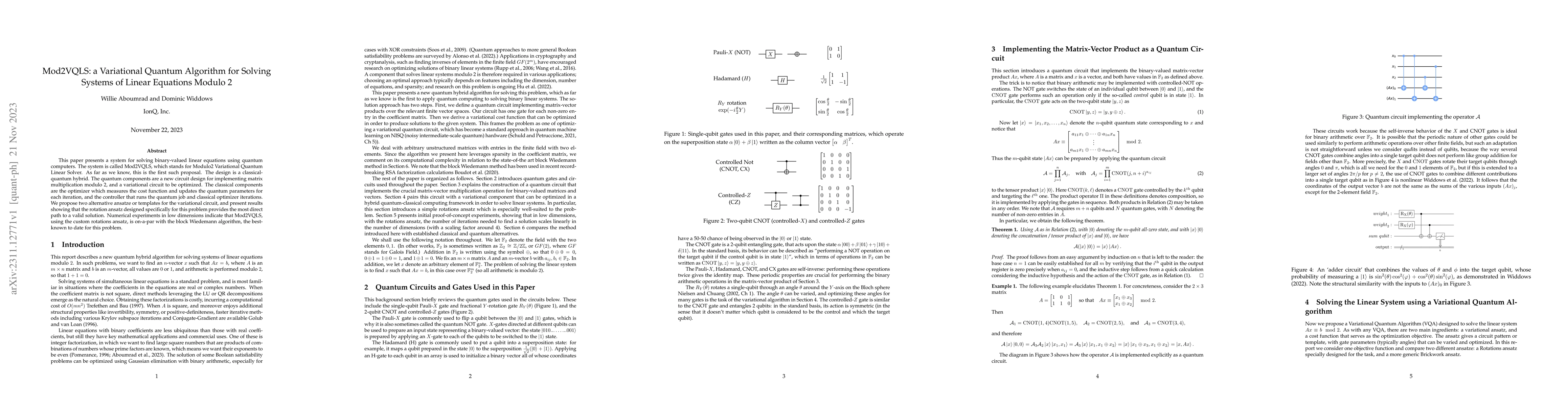 Thumbnail for Mod2VQLS: a Variational Quantum Algorithm for Solving Systems of Linear
  Equations Modulo 2