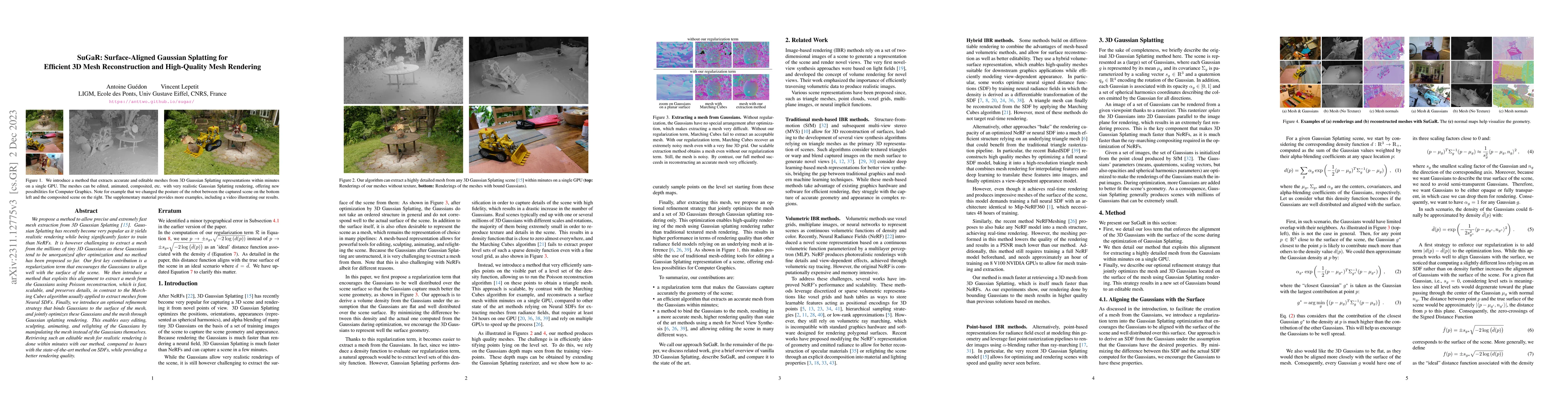 Thumbnail for SuGaR: Surface-Aligned Gaussian Splatting for Efficient 3D Mesh
  Reconstruction and High-Quality Mesh Rendering