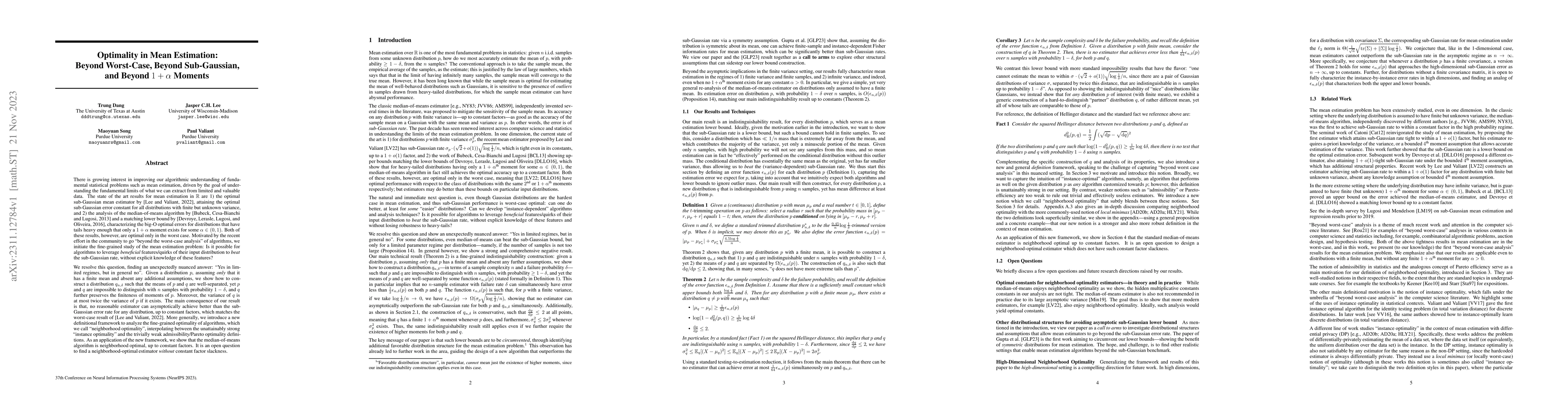 Thumbnail for Optimality in Mean Estimation: Beyond Worst-Case, Beyond Sub-Gaussian,
  and Beyond $1+\alpha$ Moments