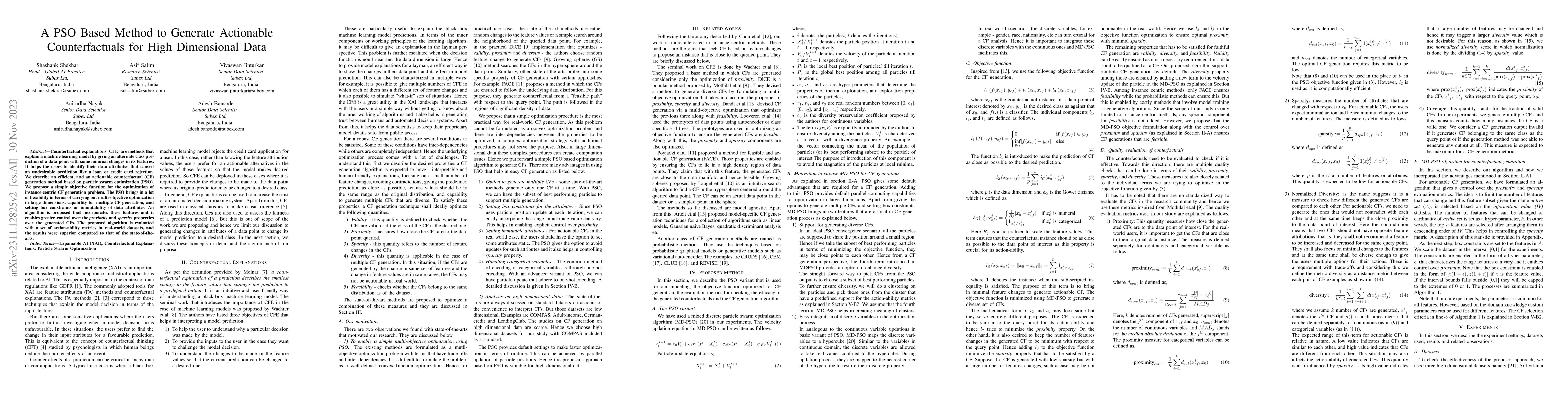 Thumbnail for A PSO Based Method to Generate Actionable Counterfactuals for High
  Dimensional Data