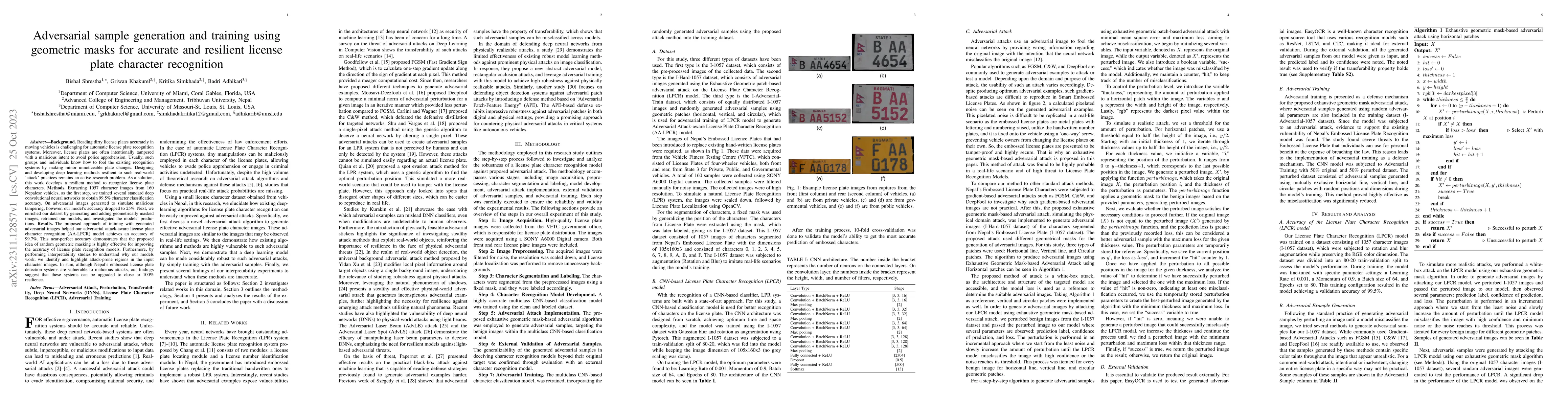 Thumbnail for Adversarial sample generation and training using geometric masks for
  accurate and resilient license plate character recognition