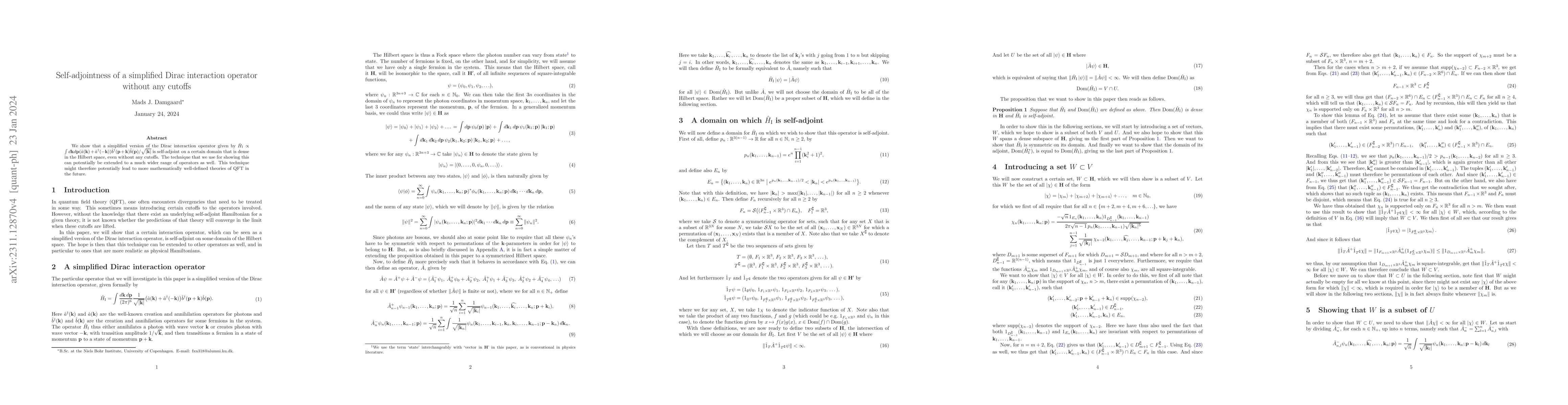 Thumbnail for Self-adjointness of a simplified Dirac interaction operator without any
  cutoffs