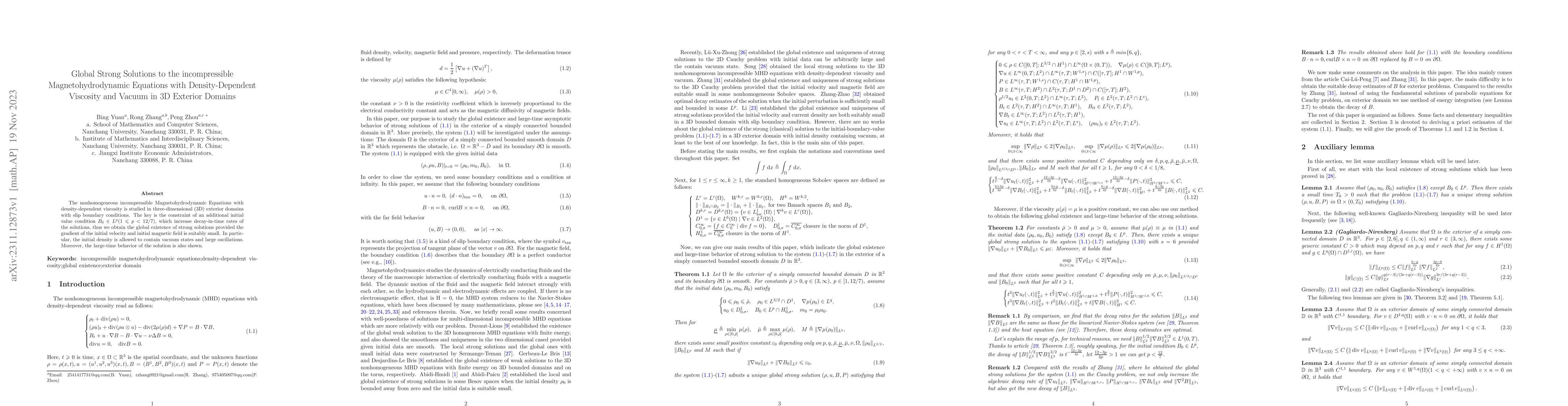 Thumbnail for Global Strong Solutions to the incompressible Magnetohydrodynamic
  Equations with Density-Dependent Viscosity and Vacuum in 3D Exterior Domains