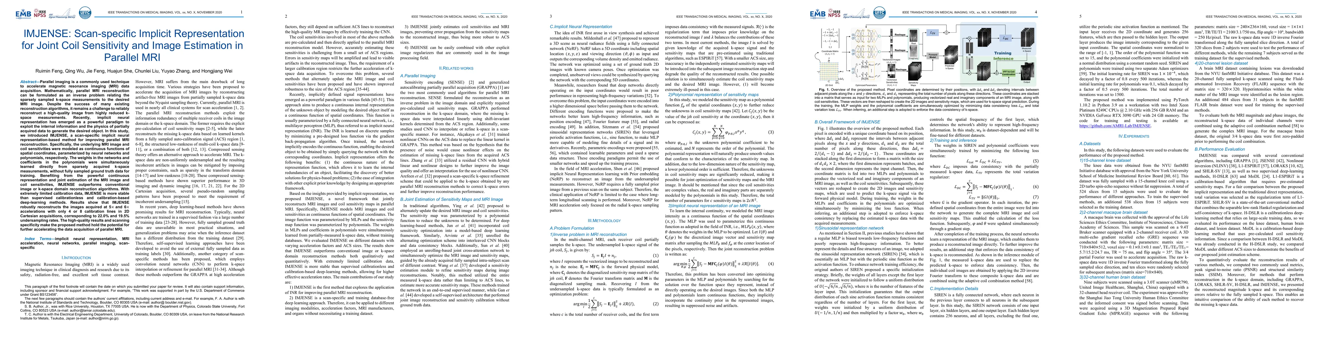 Thumbnail for IMJENSE: Scan-specific Implicit Representation for Joint Coil
  Sensitivity and Image Estimation in Parallel MRI