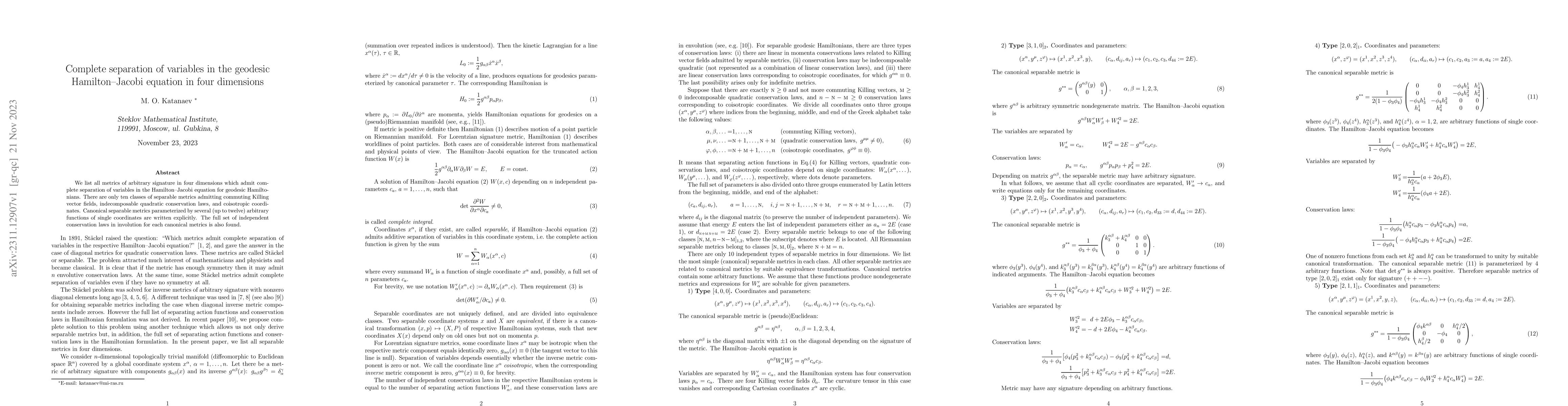 Thumbnail for Complete separation of variables in the geodesic Hamilton--Jacobi
  equation in four dimensions