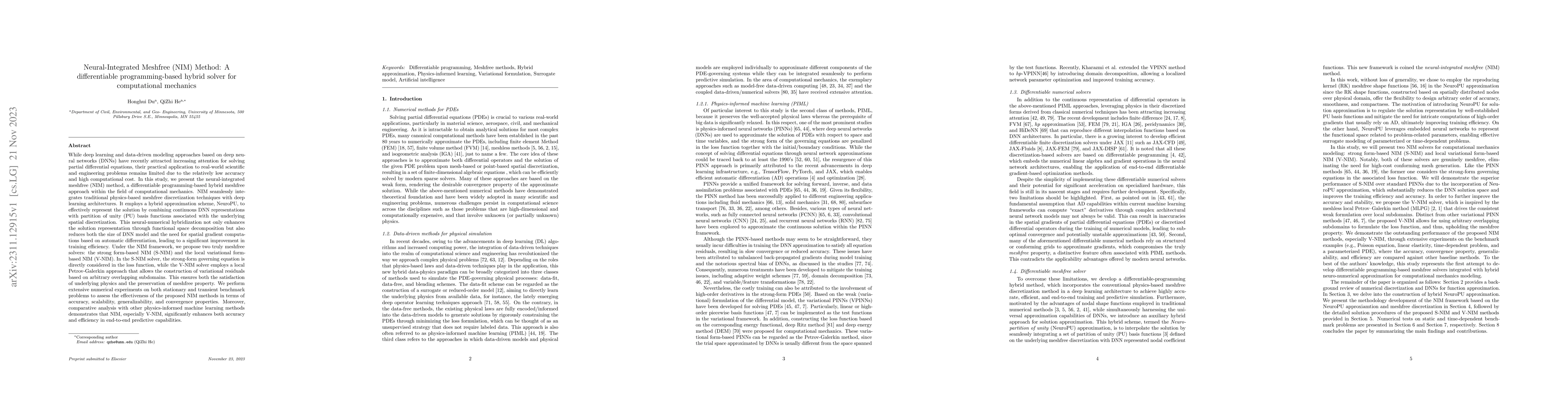Thumbnail for Neural-Integrated Meshfree (NIM) Method: A differentiable
  programming-based hybrid solver for computational mechanics