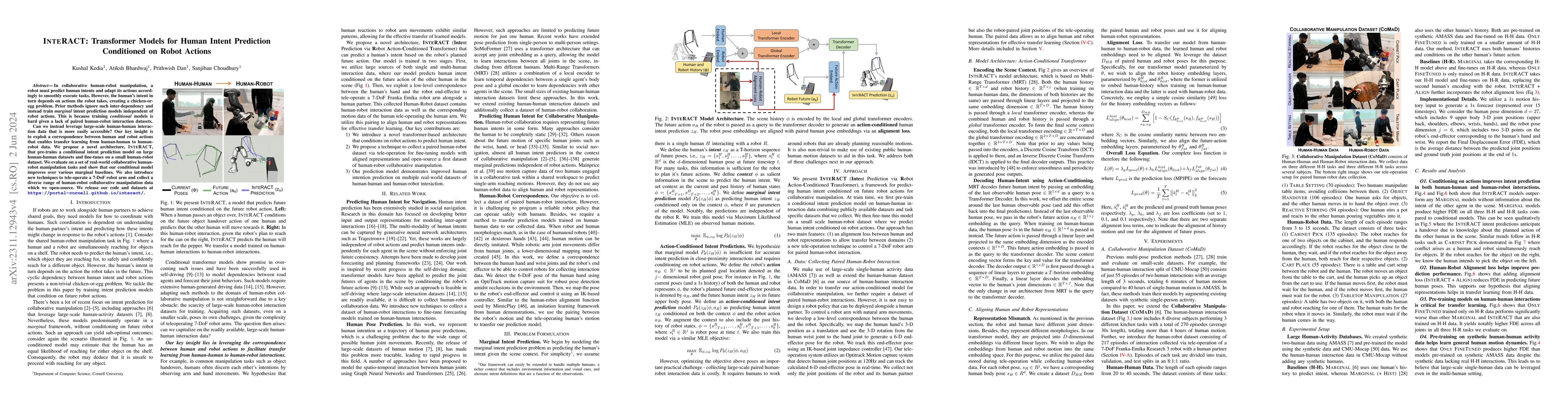 Thumbnail for InteRACT: Transformer Models for Human Intent Prediction Conditioned on
  Robot Actions