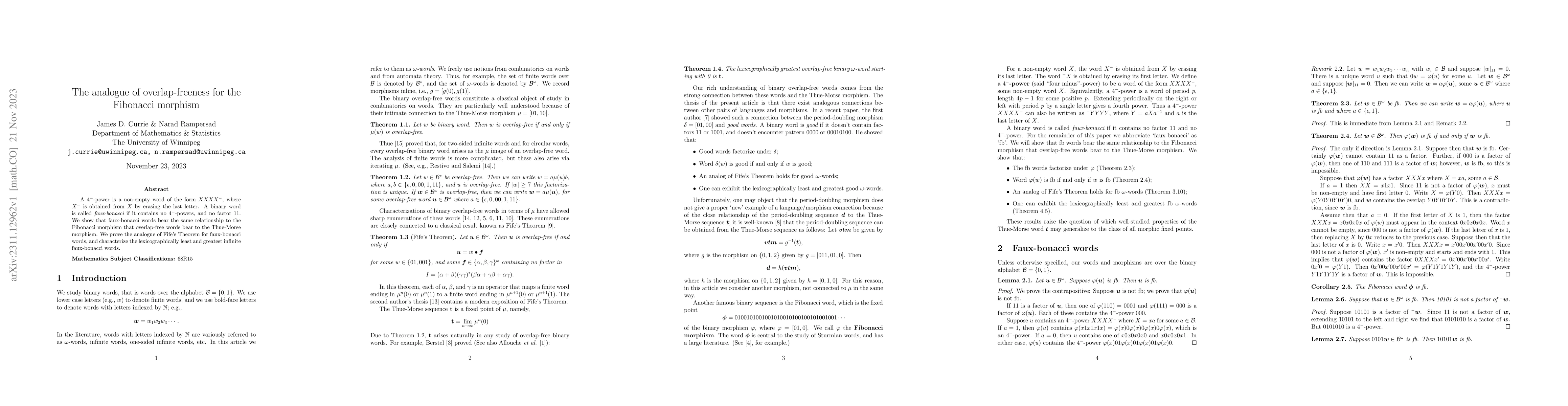 Thumbnail for The analogue of overlap-freeness for the Fibonacci morphism