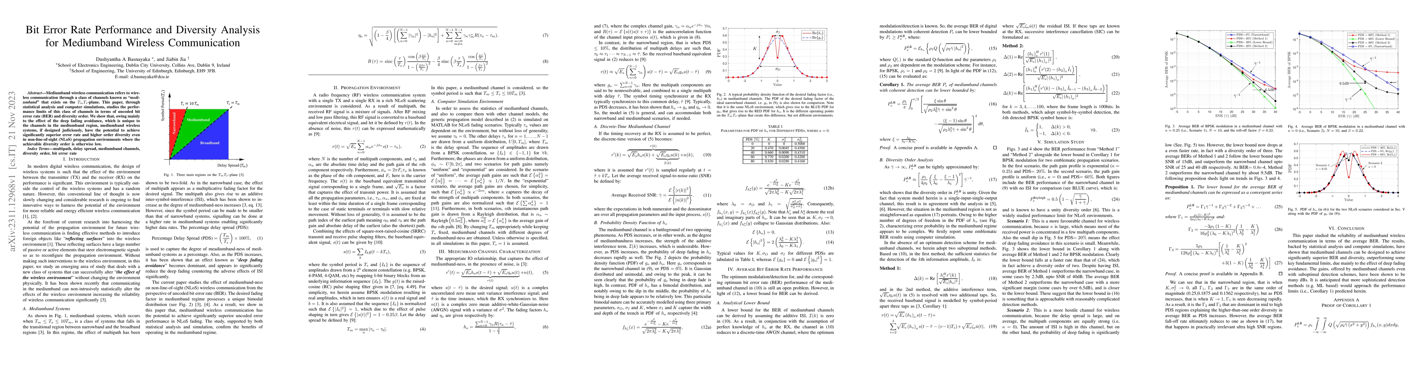 Thumbnail for Bit Error Rate Performance and Diversity Analysis for Mediumband
  Wireless Communication