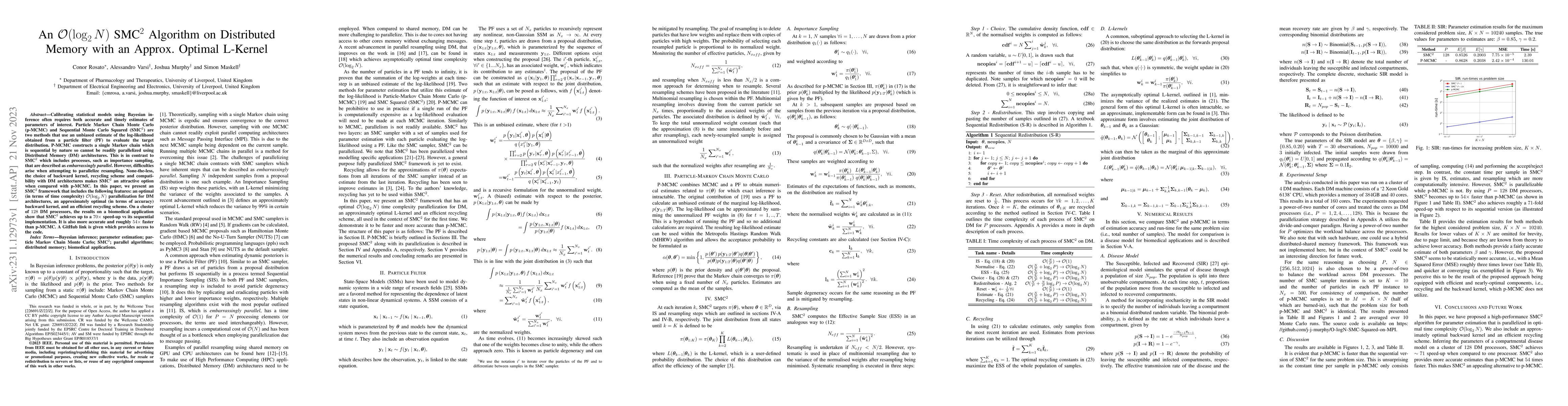 Thumbnail for An $\mathcal{O}(\log_2N)$ SMC$^2$ Algorithm on Distributed Memory with
  an Approx. Optimal L-Kernel
