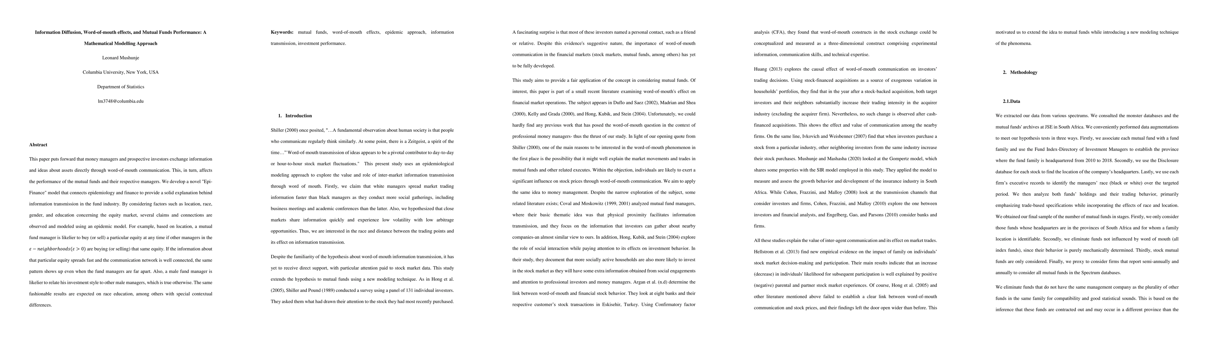 Thumbnail for Information Diffusion, Word-of-mouth effects, and Mutual Funds
  Performance: A Mathematical Modelling Approach