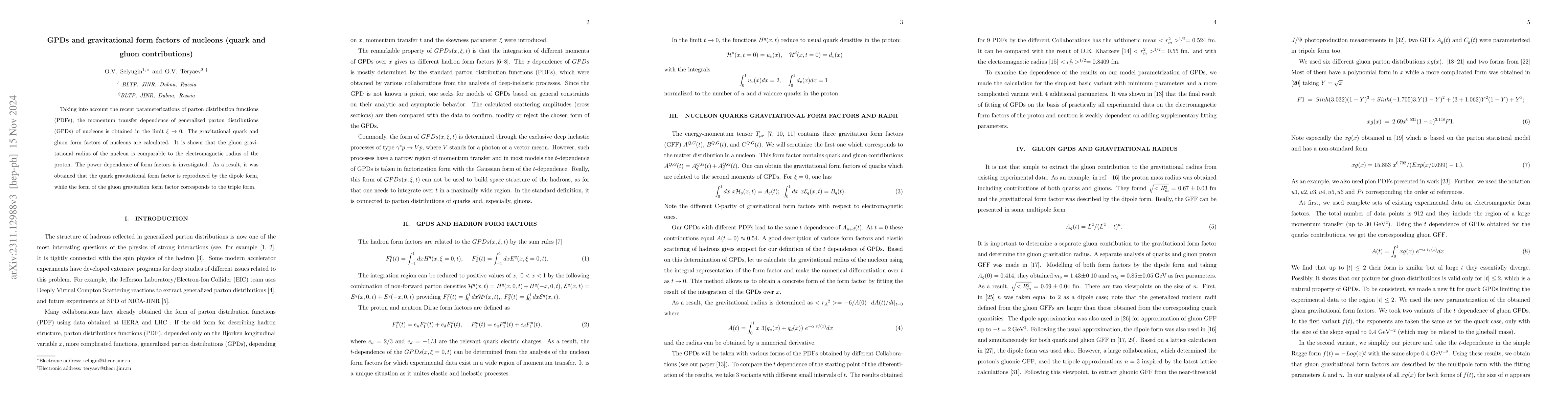 Thumbnail for GPDs and gravitational form factors of nucleons (quark and gluon
  contributions)