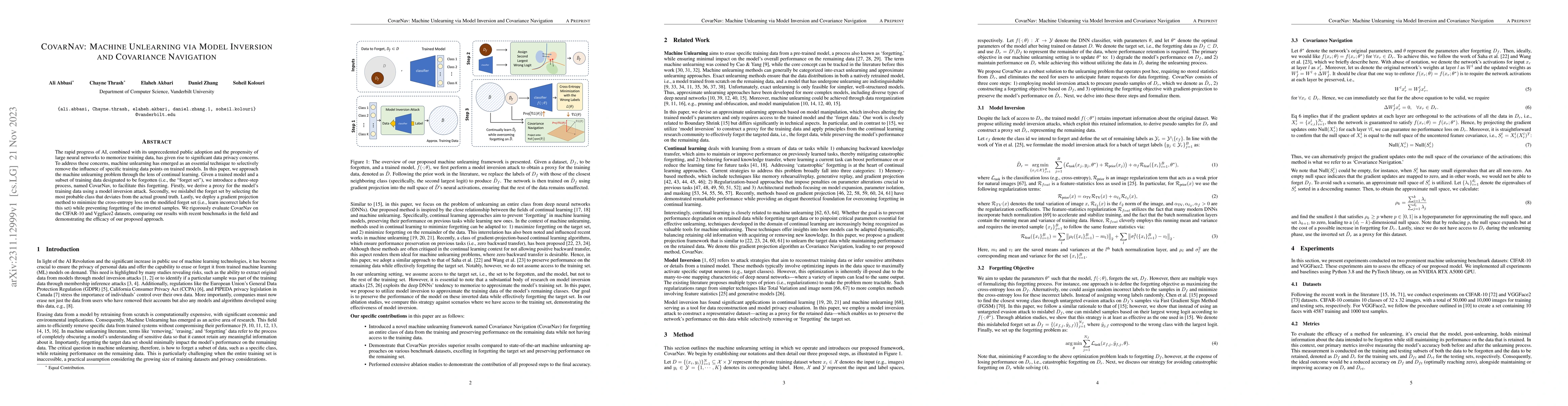 Thumbnail for CovarNav: Machine Unlearning via Model Inversion and Covariance
  Navigation