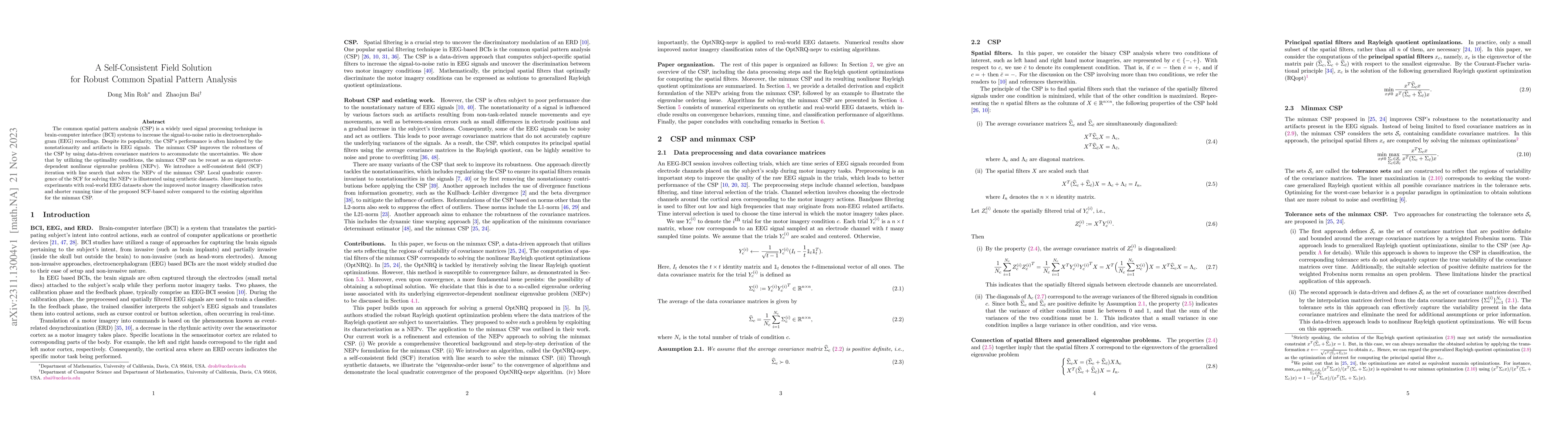 Thumbnail for A Self-Consistent Field Solution for Robust Common Spatial Pattern
  Analysis