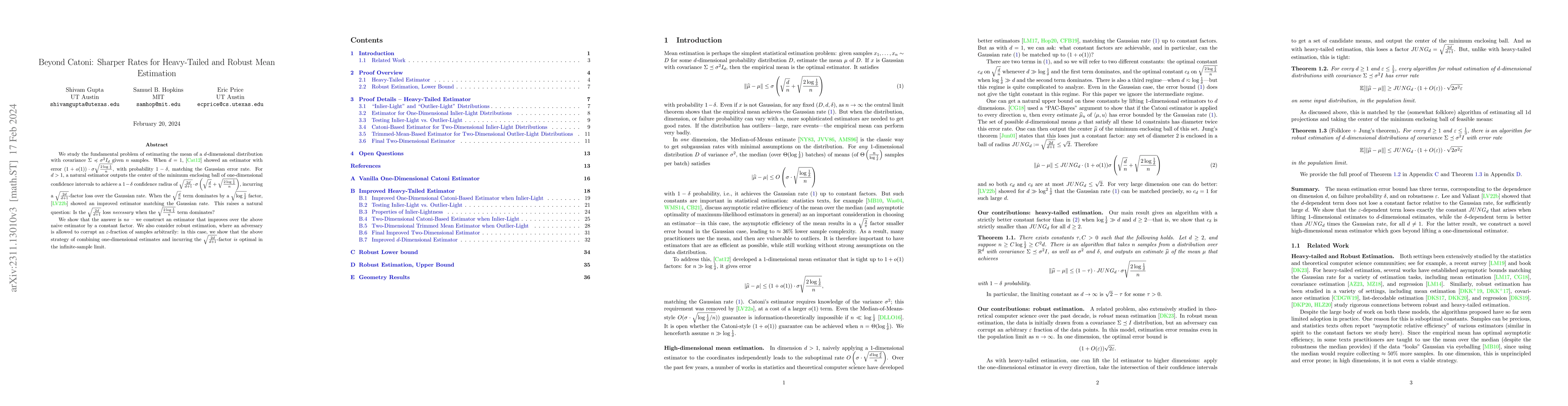 Thumbnail for Beyond Catoni: Sharper Rates for Heavy-Tailed and Robust Mean Estimation