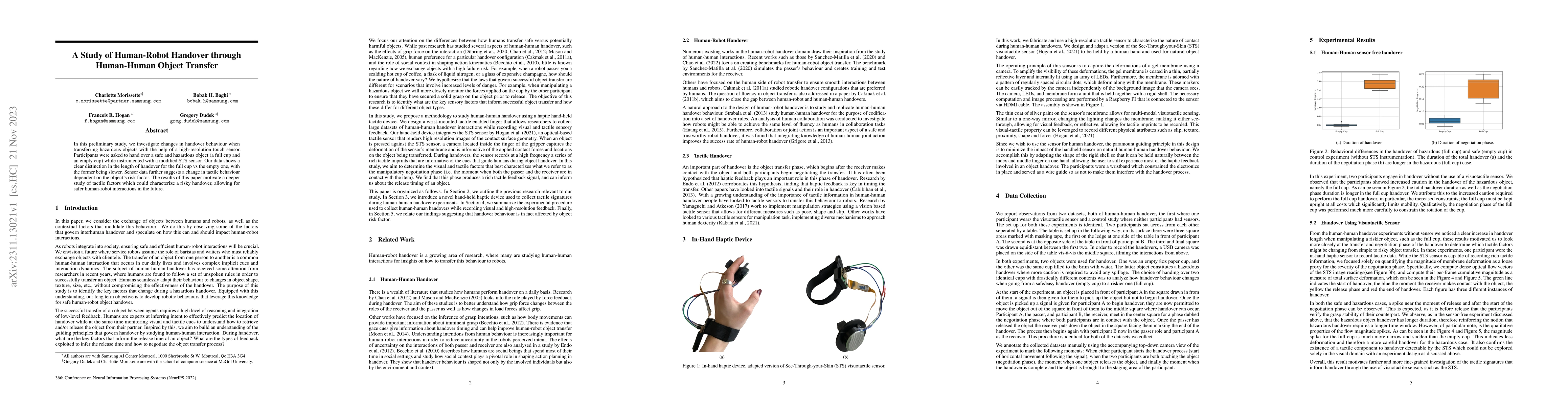 Thumbnail for A Study of Human-Robot Handover through Human-Human Object Transfer