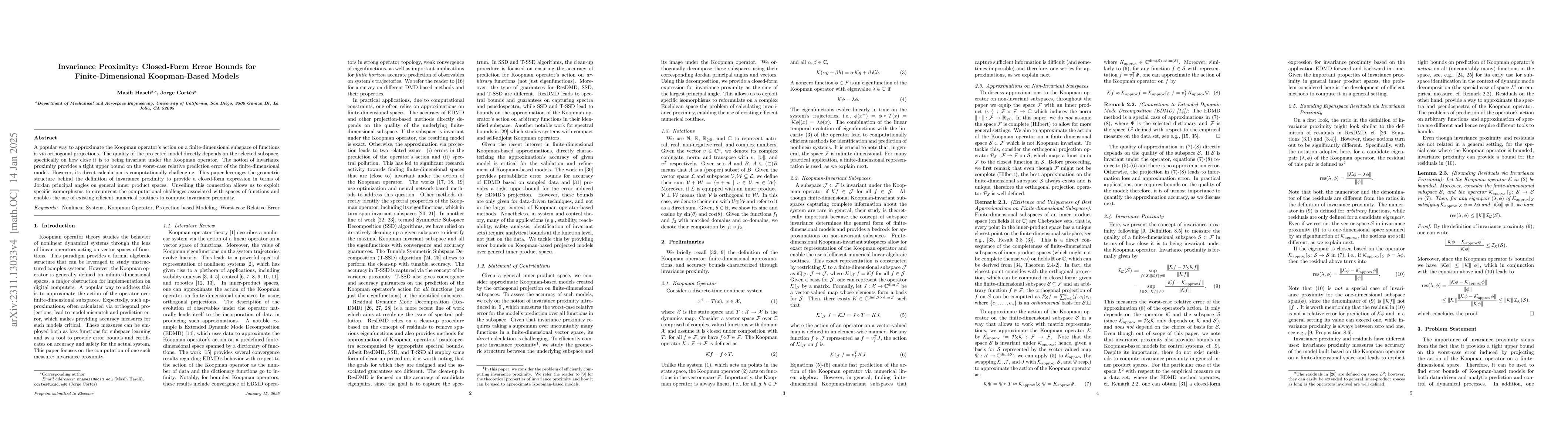 Thumbnail for Efficient Computation of Invariance Proximity: Closed-Form Error Bounds
  for Finite-Dimensional Koopman-Based Models