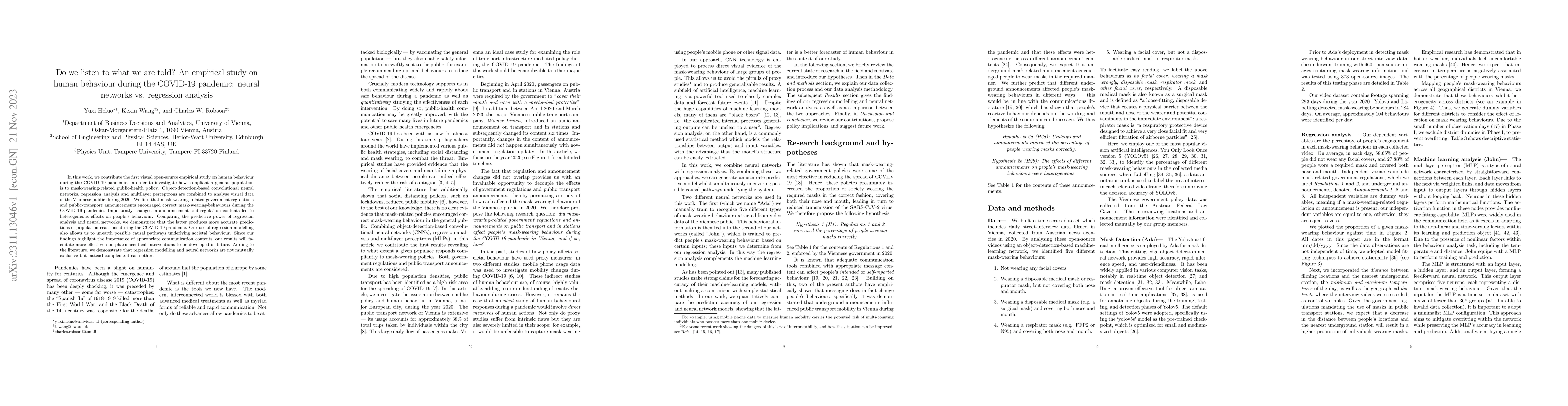 Thumbnail for Do we listen to what we are told? An empirical study on human behaviour
  during the COVID-19 pandemic: neural networks vs. regression analysis