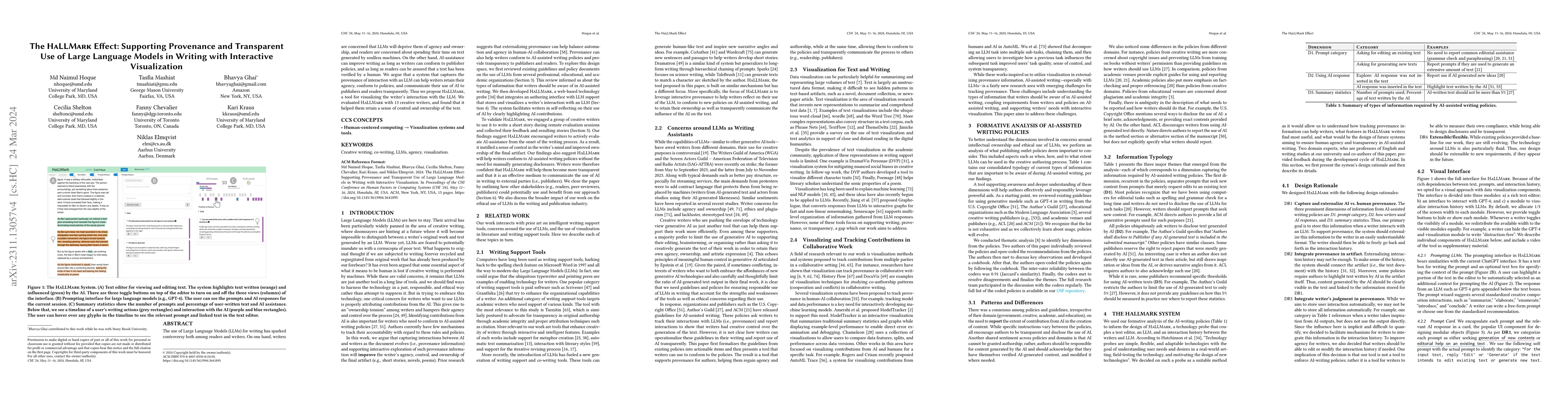 Thumbnail for The HaLLMark Effect: Supporting Provenance and Transparent Use of Large
  Language Models in Writing with Interactive Visualization