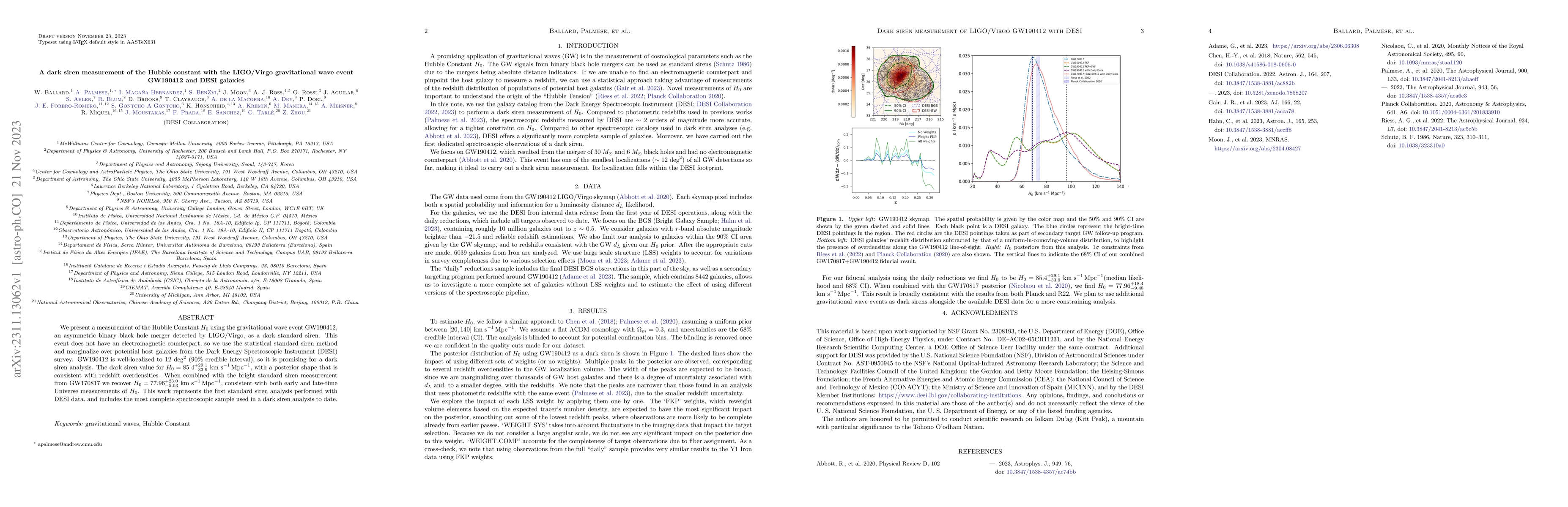 Thumbnail for A dark siren measurement of the Hubble constant with the LIGO/Virgo
  gravitational wave event GW190412 and DESI galaxies