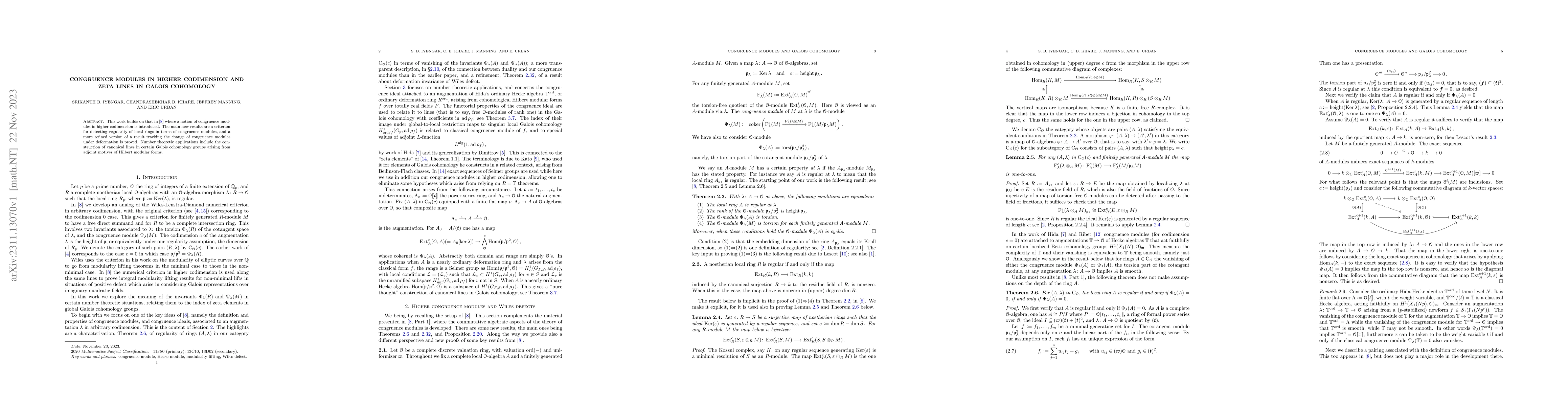 Thumbnail for Congruence modules in higher codimension and zeta lines in Galois
  cohomology