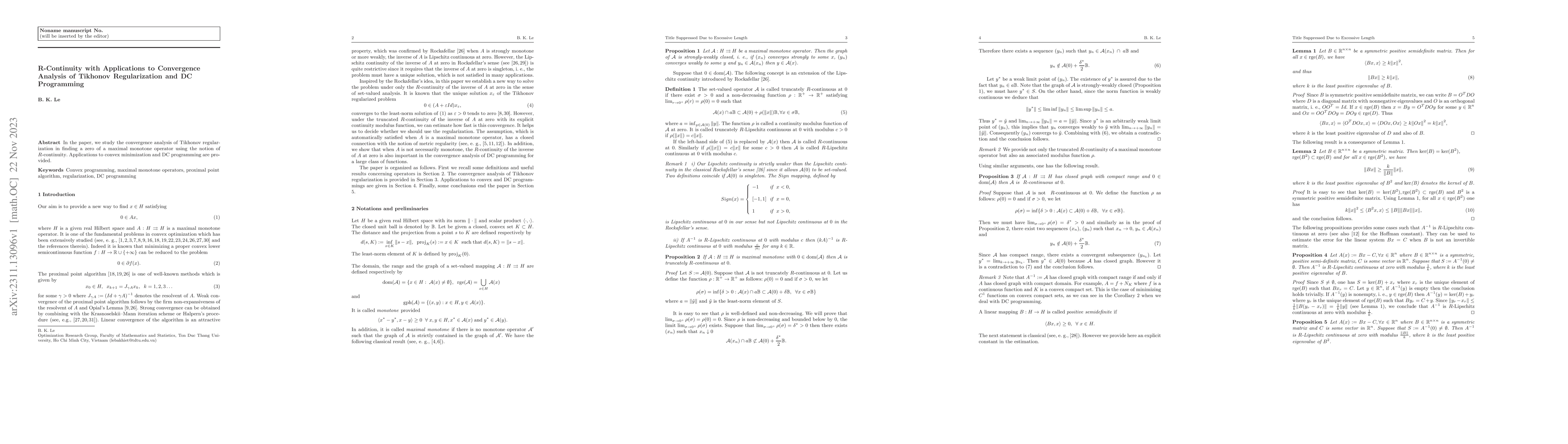 Thumbnail for R-Continuity with Applications to Convergence Analysis of Tikhonov
  Regularization and DC Programming