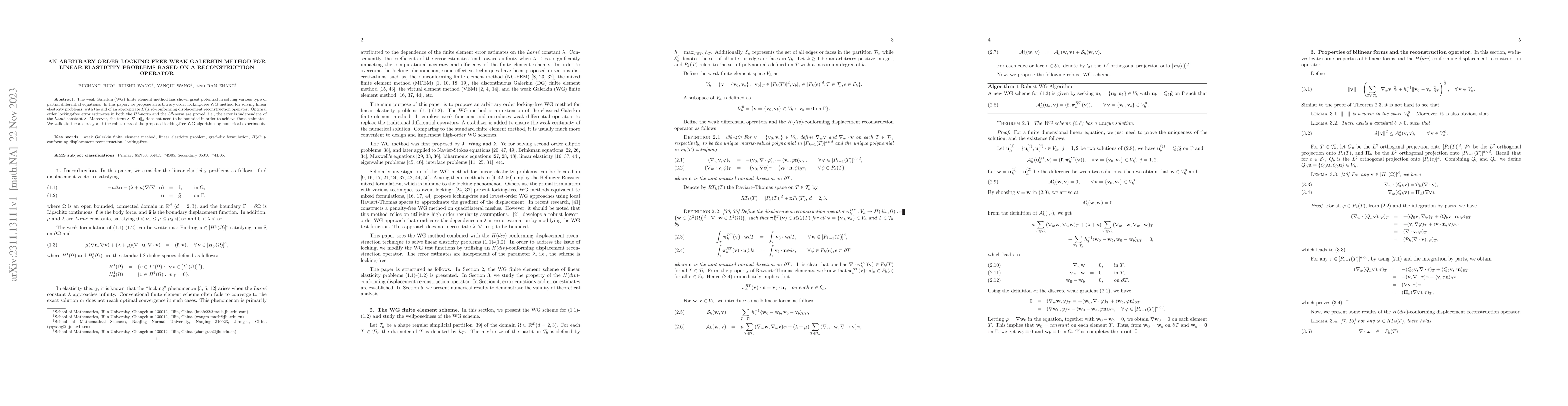 Thumbnail for An arbitrary order locking-free weak Galerkin method for linear
  elasticity problems based on a reconstruction operator