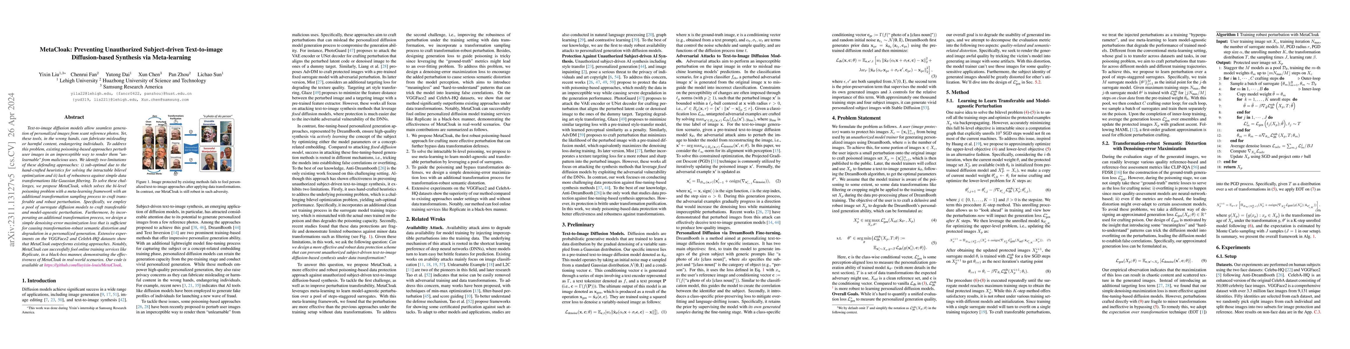 Thumbnail for MetaCloak: Preventing Unauthorized Subject-driven Text-to-image
  Diffusion-based Synthesis via Meta-learning