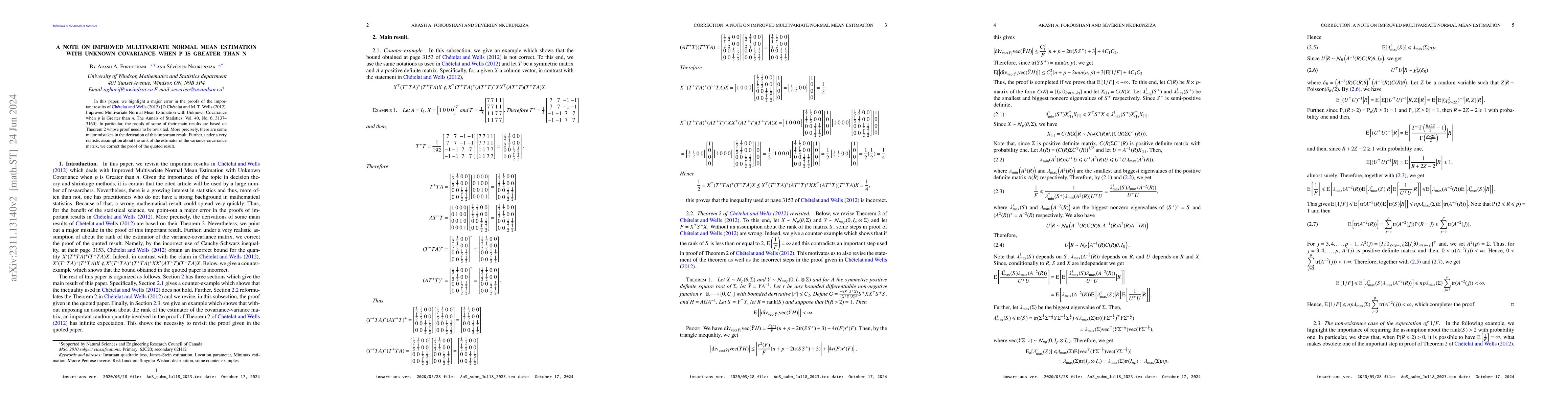Thumbnail for A Note on Improved Multivariate Normal Mean Estimation With Unknown
  Covariance When p Is Greater Than n