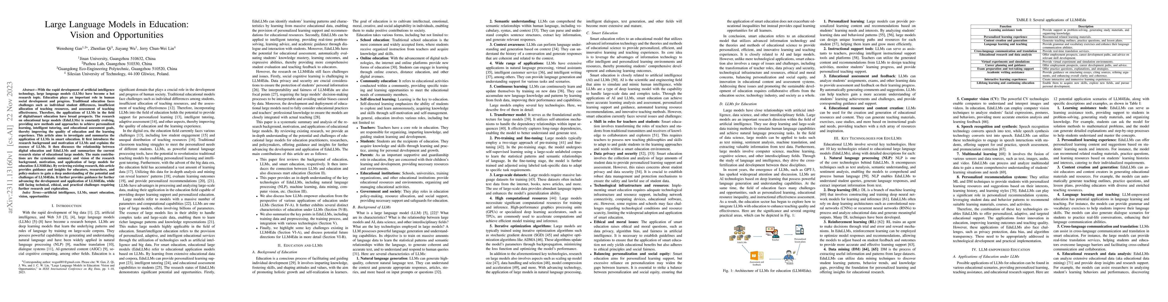 Thumbnail for Large Language Models in Education: Vision and Opportunities
