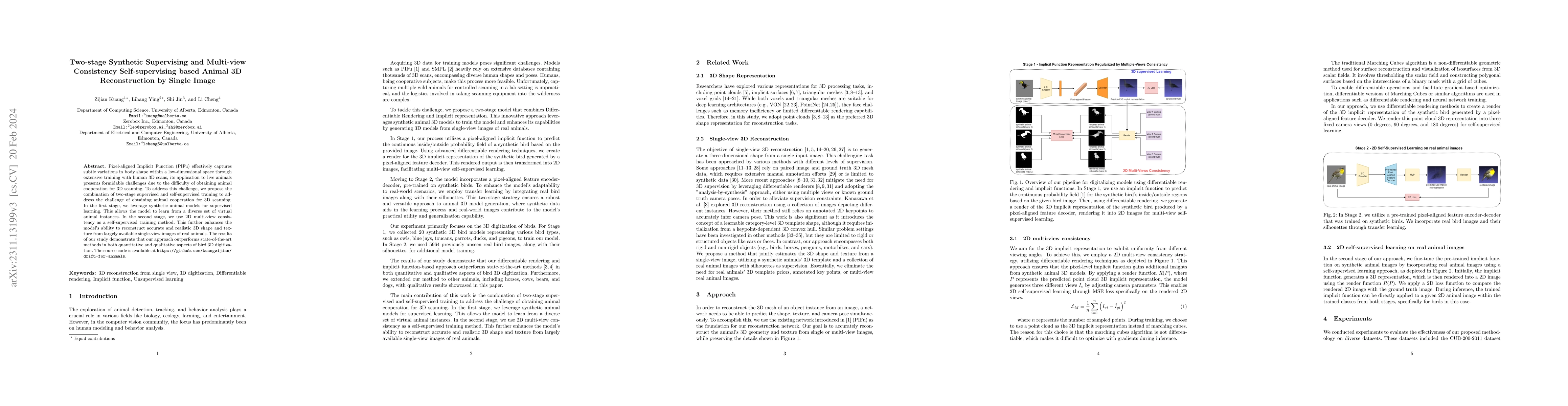 Thumbnail for Two-stage Synthetic Supervising and Multi-view Consistency
  Self-supervising based Animal 3D Reconstruction by Single Image