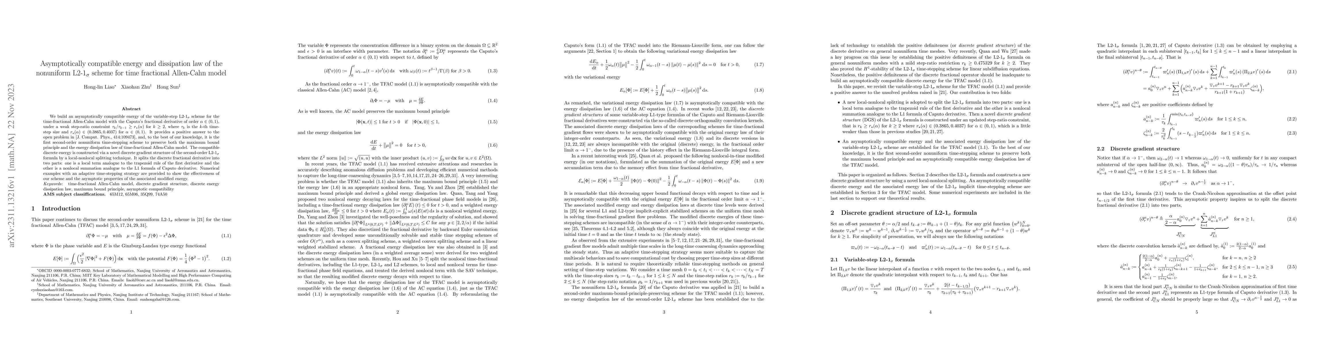 Thumbnail for Asymptotically compatible energy and dissipation law of the nonuniform
  L2-$1_{\sigma}$ scheme for time fractional Allen-Cahn model