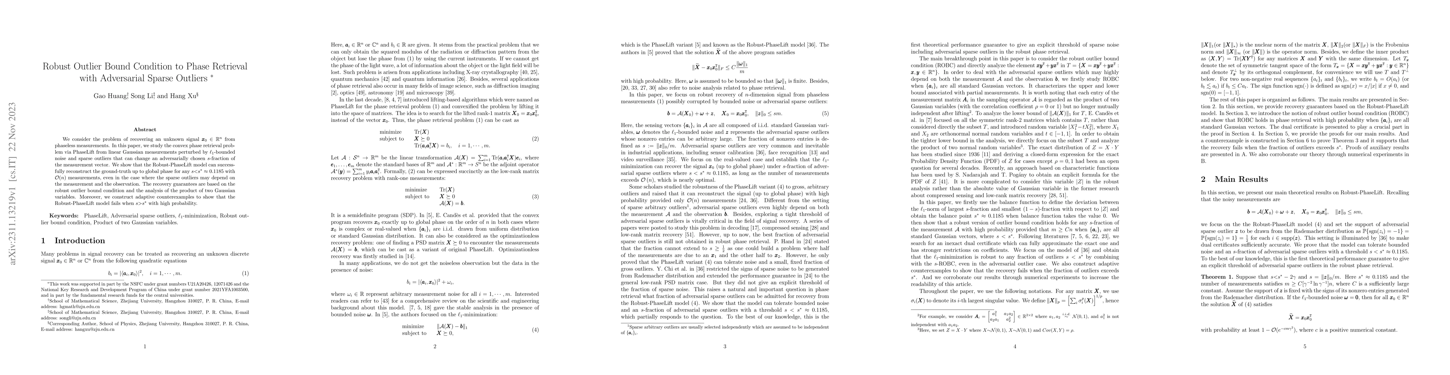 Thumbnail for Robust Outlier Bound Condition to Phase Retrieval with Adversarial
  Sparse Outliers