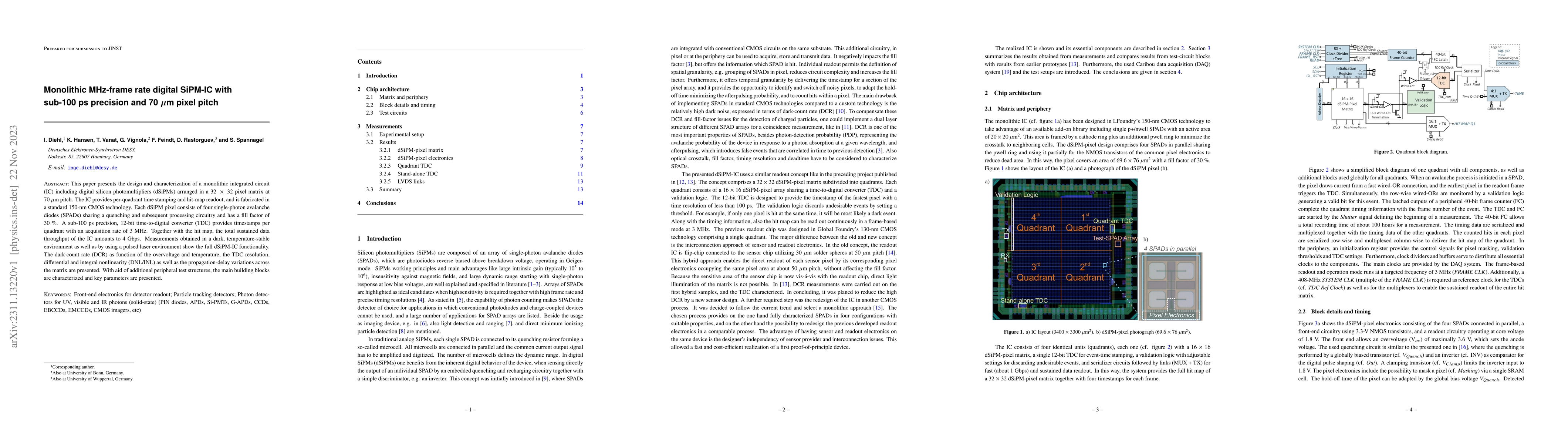 Thumbnail for Monolithic MHz-frame rate digital SiPM-IC with sub-100 ps precision and
  70$~\mu$m pixel pitch